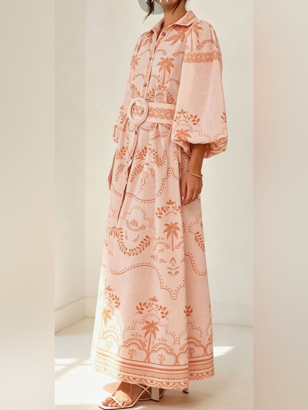 Chicwish, Long Sleeve Pink Printed maxi Dress with Waist Detail, Sz S